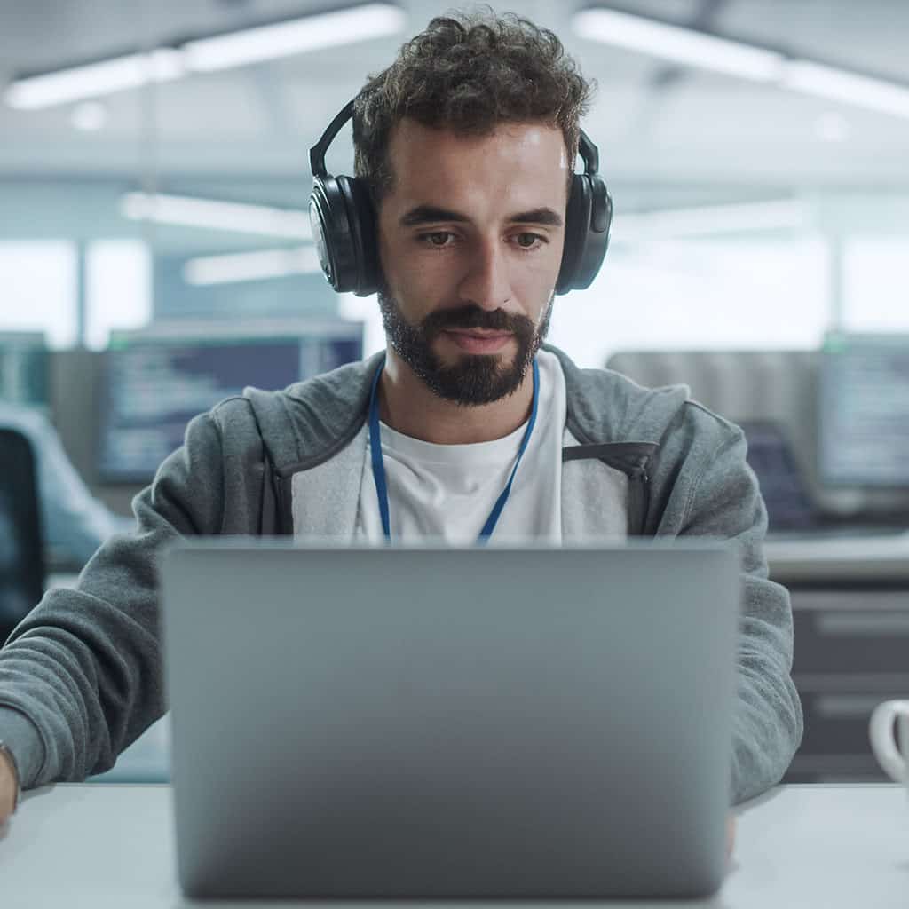 IT Programmer Wearing Headphones Working on Desktop Computer